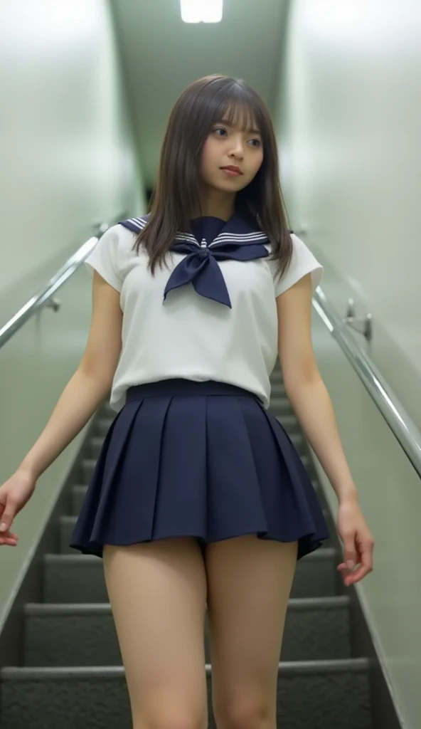 ((escalator))、lewd smile、(realistic、Photoreal:1.37)、(masterpiece)、(highest quality:1.4)、(超A high resolution:1.2)、(RAW photo:1.2)、(sharp focus:1.3)、(stand:1.2)、elegant、(Full body Esbian:1.2)、(One girl in detailed sailor suit and pleated skirt:1.3)、japanese 、(A 30-year-old cosplaying as a schoolgirl:1.1)、(smile:1.3)、(shine hair:1.3)、 brown haired、bob cut、 short pleated skirt、
(big breasts:1.2), Shooting from under the escalator、beautiful and delicate eyes、 see the beholder、Photographed from the bottom of the escalator looking up、Voyeur of underwear under a skirt