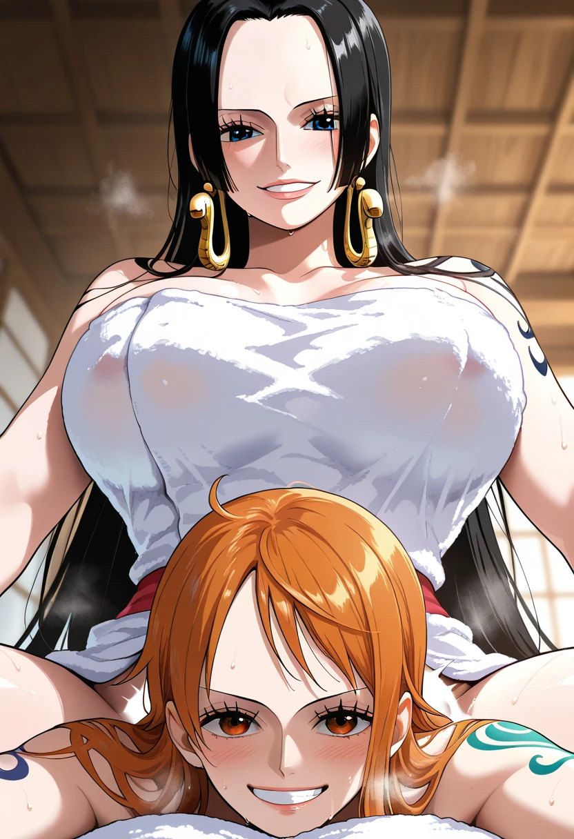 score_9, score_8_up, score_7_up, score_6_up, score_5_up, score_4_up, (source_anime), 2girls, bleach, (rukia, short hair, small breasts, {sucking breasts}), (Orihime Inoue, long hair, massive breasts,), yuri, age difference, size difference, breast sucking, far, full body, breast milk, soul Society