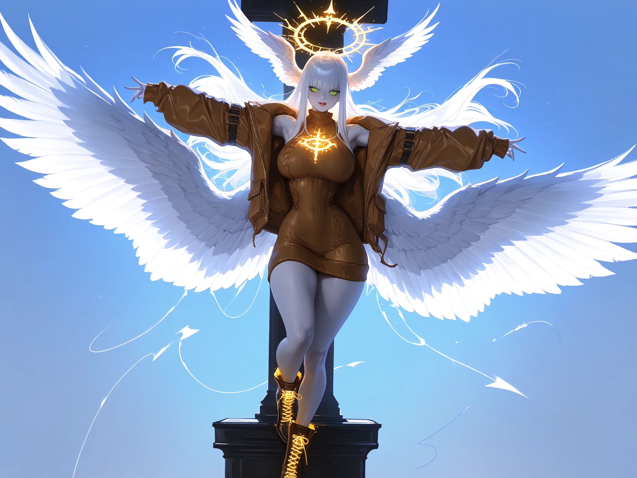 (tangobat:0.7),(Sakimichan:0.7),(High quality CT,4K,High resolution,main part:2.3),(Very detailed,realistic:1.37,Best quality,masterpiece, high resolution,on_body), (Tyndall effect,photorealistic, edge lighting, Two-color backlight),(high definition of skin:2.3), (8K UHD, DSLR quality, soft lighting, high quality, surround lighting, sincere, de 8K , 4K, 8K.) (xxx667_illu,)(feathered head wings, demon head wings, [color] head wings, multicolored head wings ,)The winged woman is angel. She has a mature bodybuilding  with big breasts , thin waist and wide hips. She has a peachy pale skin. She has glowing green eyes with star sigils. She has fluffy feathered winged ears on her head.  She has longest  blond gold  straight hair, with symmetrical flat straight bangs.  She is wearing a longest skintight beige knitted sweater dress. She wearing a pastel brown knitted jacket with gold lacing on sleeves. she wearing  a brown cowboy ankle boots - cossacks. She has a  gold glowing halo with above her head. She has a four huge white wings on her back. She carries with her a red crucifixion-sword, an Orthodox Christian cross with eight ends. On the background: canyon , scarlet rocky desert,light blue sky of noon.