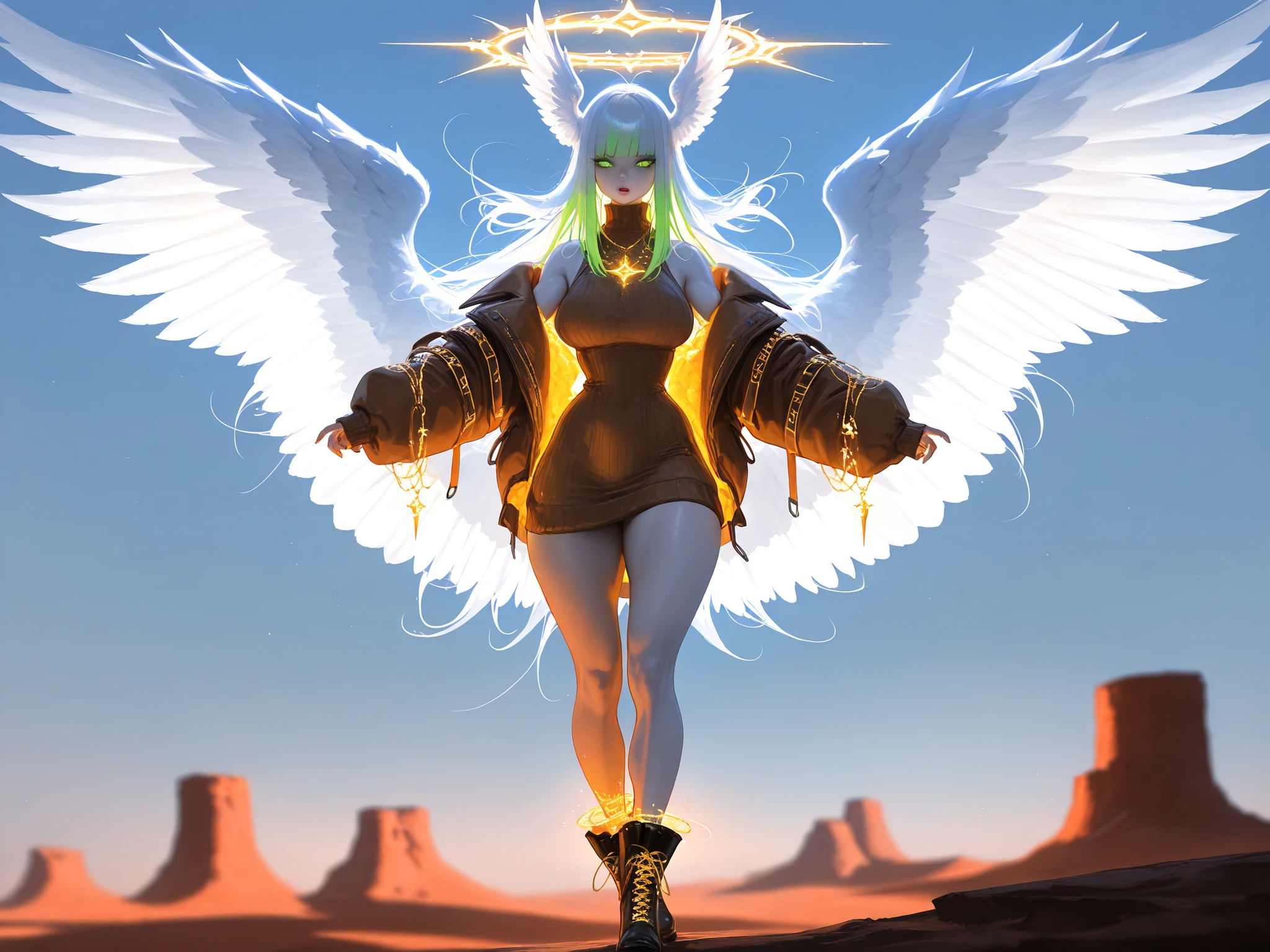 (tangobat:0.7),(Sakimichan:0.7),(High quality CT,4K,High resolution,main part:2.3),(Very detailed,realistic:1.37,Best quality,masterpiece, high resolution,on_body), (Tyndall effect,photorealistic, edge lighting, Two-color backlight),(high definition of skin:2.3), (8K UHD, DSLR quality, soft lighting, high quality, surround lighting, sincere, de 8K , 4K, 8K.) (xxx667_illu,)(feathered head wings, demon head wings, [color] head wings, multicolored head wings ,)The winged woman is angel. She has a mature bodybuilding  with big breasts , thin waist and wide hips. She has a peachy pale skin. She has glowing green eyes with star sigils. She has fluffy feathered winged ears on her head.  She has longest  blond gold  straight hair, with symmetrical flat straight bangs.  She is wearing a longest skintight beige knitted sweater dress. She wearing a pastel brown knitted jacket with gold lacing on sleeves. she wearing  a brown cowboy ankle boots - cossacks. She has a  gold glowing halo with above her head. She has a four huge white wings on her back. She carries with her a red crucifixion-sword, an Orthodox Christian cross with eight ends. On the background: canyon , scarlet rocky desert,light blue sky of noon.