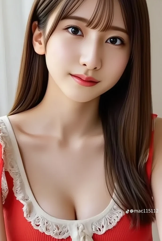 top-quality。8K-Picture。Young gravure idols。Beautiful Women in Perfect Style。Slender but the charm of the big breasts gap。Slim abs。dark brown hair。(Colossal tits:1.4)。kawaii eyes。Double eyelids。long, Wavy Hair。Very delicately drawn face。Perfect Style。Shot in a red swimsuit。(The fate of gravure idols、Colossal tits:1.4)。Subtle smile or shyness。
