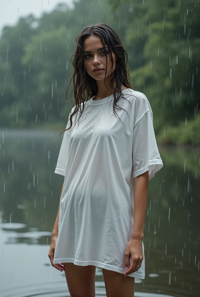 Woman, white, clothes, wet, rain, down blouse