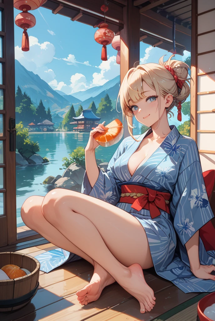 rangiku, night, cleavage, sitting near the lake, deep gray eyes, moon, black japanese clothes, stars, big breasts, from below, blonde hair, smile