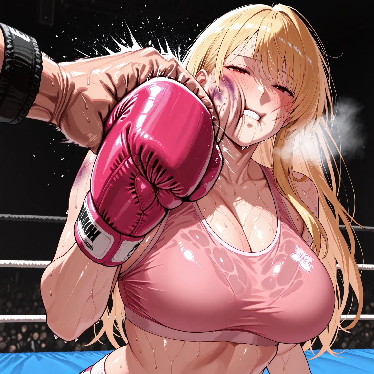 (masterpiece,best quality:1.3),(ultra-detailed,high resolution:1.2),(illustration),((an extremely delicate and beautiful)),(detailed background),(1muscular girl)and(1muscular boy,tall stature)),hetero,(1muscular girl:1.4),(long hair, french braid),straight hair, (blonde hair), light blue eyes, (huge breasts), pale skin,shiny skin, (rolling eyes:1.4),(ahegao),(trembling), erectile nipples, ((She wears pink sports bra,white leggings)), cum in pussy,(cum on clothes:1.4), cum on body,cum in mouth,cum on hair,excessive cum, (1muscular boy,tall stature:1.4),large penis, (sex,sex from behind), 1man hold head, ((((girl lying face down on wrestling ring)))),(wrestling ring), 
