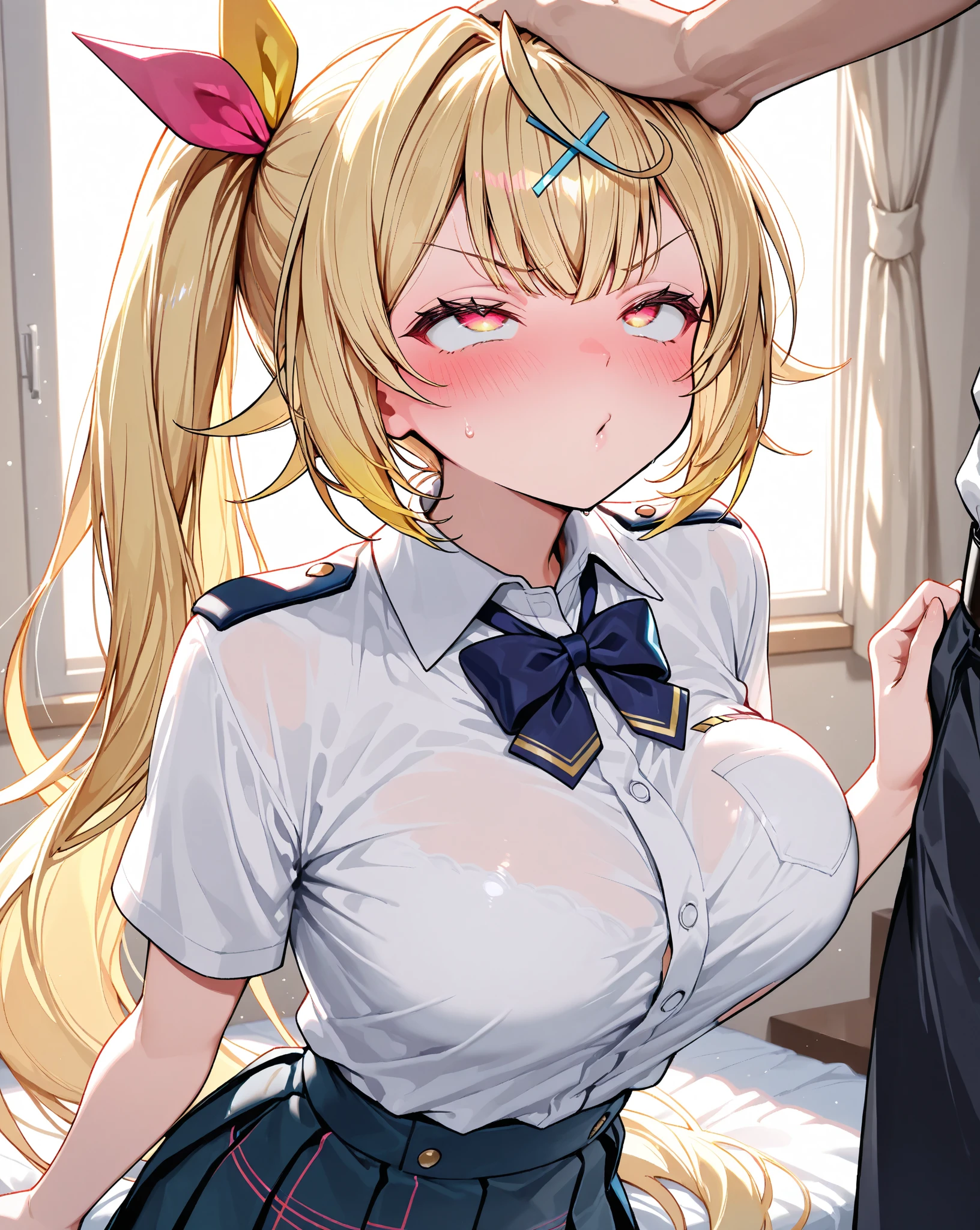 ​masterpiece、(top-quality)、1 female、(Mai Kawakami、((a blond))、The long-haired、((side poneyTail、Mole under the eyes))、Purple Eye)、(((NSFW、1boy、penises、blow job、Deep throating、oral、solofocus、hetero、Gonzo、(vein 、hand on another's head)、Saliva、oral )))、((Expose the subject to the full surface、upper body 、Get your face up even more、(Yellow sweater vest、bow ribbon、Hair Ribbon)、Female sexy、red blush、((vivd colour:1.5))、natural soft light、nffsw、(A detailed face:1.2)、showcase、(perfect  eyes:1.1) 、8K UHD、looking at viewert、simple background、(A woman is sucking a man's penis)