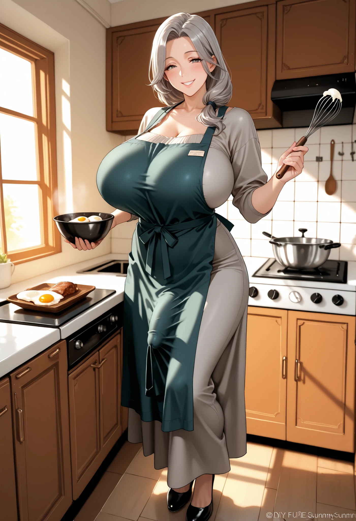 Woman, White Hair, Green Eyes, Very Huge Chest, Full FIgured WOman, Black Skirt, White Thin Strap Tank Top, Cleavage, Green triangle Earings, Chef's ?????, Baking Pastries in Kitchen