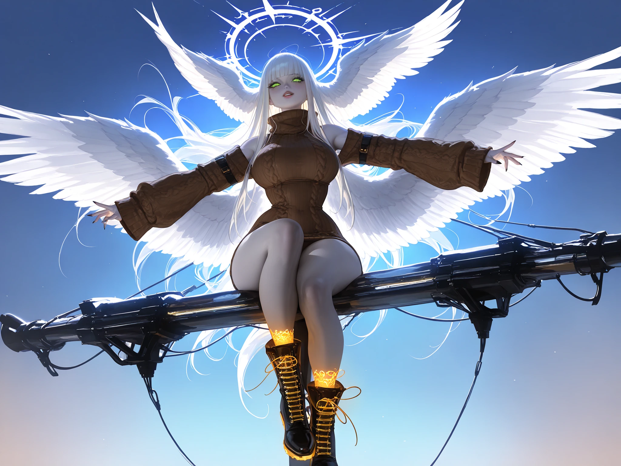 (tangobat:0.7),(Sakimichan:0.7),(High quality CT,4K,High resolution,main part:2.3),(Very detailed,realistic:1.37,Best quality,masterpiece, high resolution,on_body), (Tyndall effect,photorealistic, edge lighting, Two-color backlight),(high definition of skin:2.3), (8K UHD, DSLR quality, soft lighting, high quality, surround lighting, sincere, de 8K , 4K, 8K.) (xxx667_illu,)(feathered head wings, demon head wings, [color] head wings, multicolored head wings ,)The winged woman is angel. She has a mature bodybuilding  with big breasts , thin waist and wide hips. She has a peachy pale skin. She has glowing green eyes with star sigils. She has fluffy feathered winged ears on her head.  She has longest  blond gold  straight hair, with symmetrical flat straight bangs.  She is wearing a longest skintight beige knitted sweater dress. She wearing a pastel brown knitted jacket with gold lacing on sleeves. she wearing  a brown cowboy ankle boots - cossacks. She has a  gold glowing halo with above her head. She has a four huge white wings on her back. She carries with her a red crucifixion-sword, an Orthodox Christian cross with eight ends. On the background: canyon , scarlet rocky desert,light blue sky of noon.