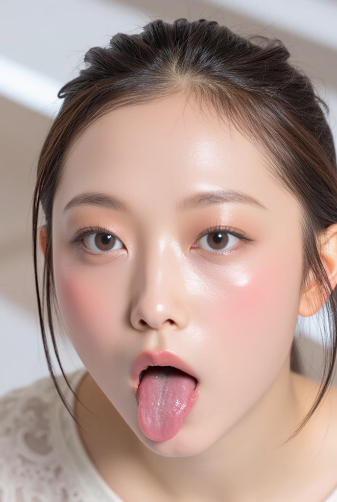 (highest quality、Tabletop、8k、Best image quality、Award-winning works)、One beautiful woman、Perfect Makeup、Lustrous and bright lips、Accurate anatomy、(Tongue close-up:1.5)、(nude:1.2)、Ultra-high definition beauty face、Ultra HD Hair、Super high quality sparkling eyes、(Ultra-high resolution glossy skin:1.1)、Super high quality glossy lip、(Open your mouth and extend your tongue:1.2)、(Perfect beautiful wet tongue:1.2)、(A wet tongue covered in saliva:1.2)、(Pale pink plain background:1.1)、black brown hair、Sweaty skin、(Moist and shiny tongue:1.1)、Facing straight ahead