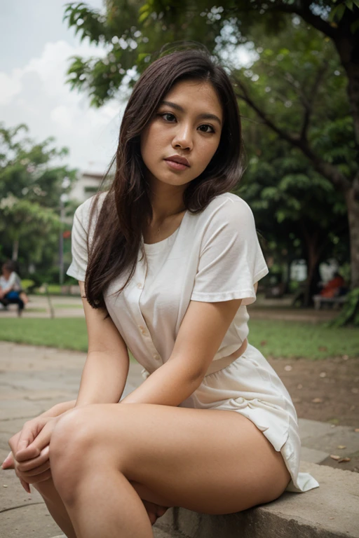 Sweet beautiful Bogor city girl, georgeus face, 25 years old, slim body, roman nose, wavy black hairs with a bangs, descent mixed from sundanese and javanese, wearing white thin low waist full see through lace trousers, wearing thin see through long sleeve white buttoned lace dress, hairy vagina exposed clearly through the trousers, wearing high heels, no panty, no bra, very realistic, very detail, running cheerful in the sunny morning, very cute laughing, her body and her messy dense pubic hairs are exposed through the clothes, sun shining her body through the clothes,