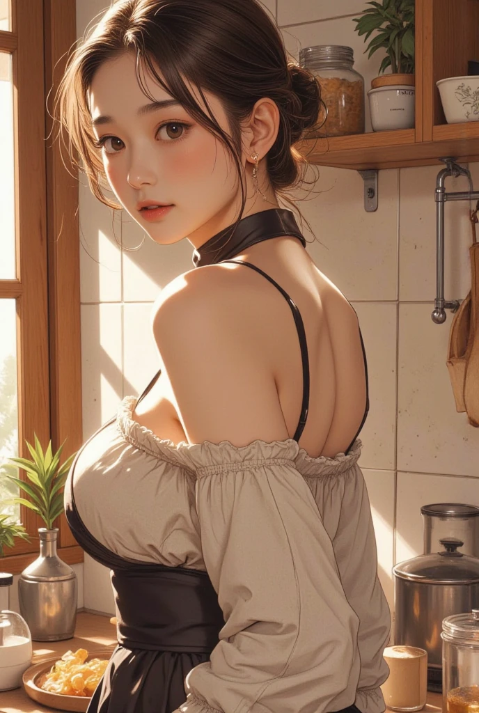 (from below:1.2), (perky chest:1.2), (pointed chest:1.2), 1girl, Bust A Cup, Amazing Cleavage:1.1, thin waist, big ass, Raised sexy, small breast: 1.1 posed cleavage:1.2、solo, looking at viewer, have a cute glass of cute beergrass,black hair, dark green eyes, dress, bare shoulders, jewelry, collarbone, sidelocks, hairband, earrings, indoors, off shoulder, arms behind back, plants, short hair with long locks, gild hairband, off-shoulder dress, sweater dress, off-shoulder sweater, red sweater, dark gord hair, big side hair, very long side hair,is rendered in (masterpiece: 1.2, best quality), with (ultra high resolution) and an exquisite (depth of field). This masterpiece is not only visually stunning but also tells,A scene of cooking in the kitchen