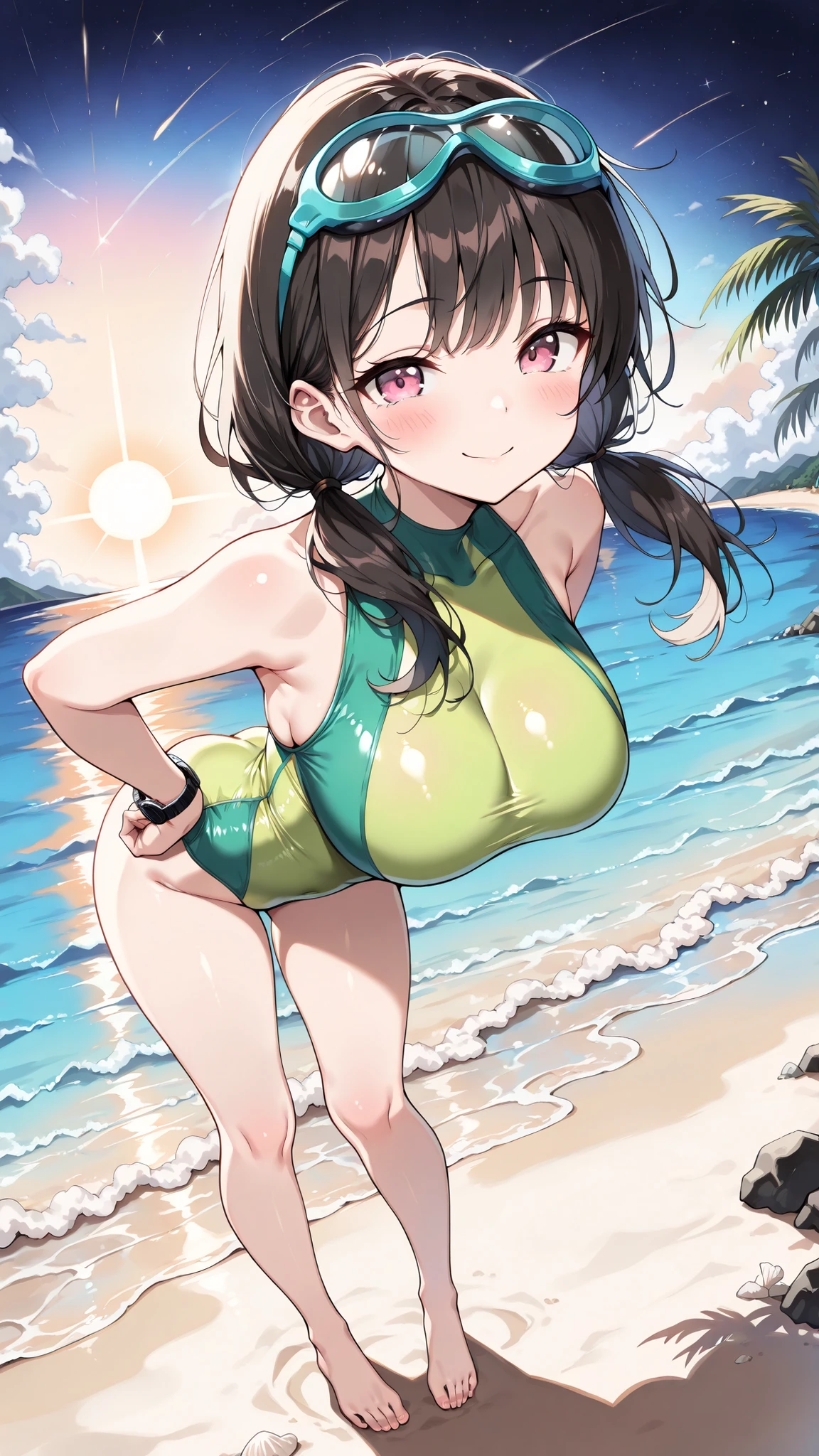 1girl, brown hair, ponytail, large breasts, thick thighs, green eyes, smile, cowboy shot, one-piece swimsuit, smile, green swimsuit, competition swimsuit, beach, standing, highleg