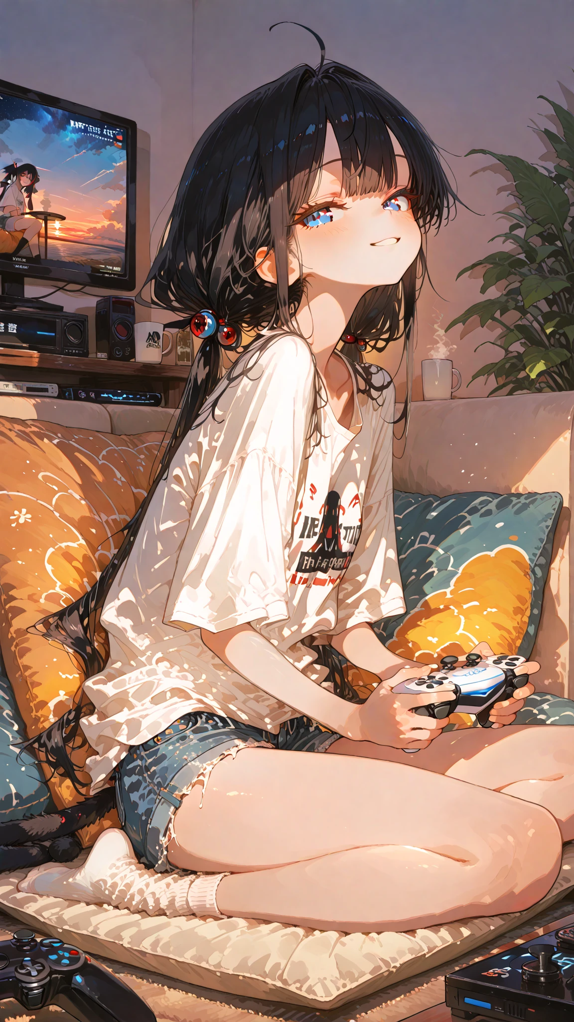 (Absurd:1.1, High resolution:1.1, 超detailed:1.1), 非常にdetailedな, 超detailed hair, (Fine grain:1.4), (Shining Eyes:1.3), thin, cute, Perfectly symmetrical face, narr○w waist, 超cute girl, 超cute face, 超cute, Super beautiful, Beautiful colors, merry (Yanmar gauge),From wlop,((Great quality)), (Beautiful legs), smartphone, Upper body rest (Beautiful colors,detailed,Highest quality,Great quality,so beautiful), base, Headphones, Tank top, Jacket, Lighting and Shadows(perspective), Lighting particles, colorful, masterpiece, Stylish room,