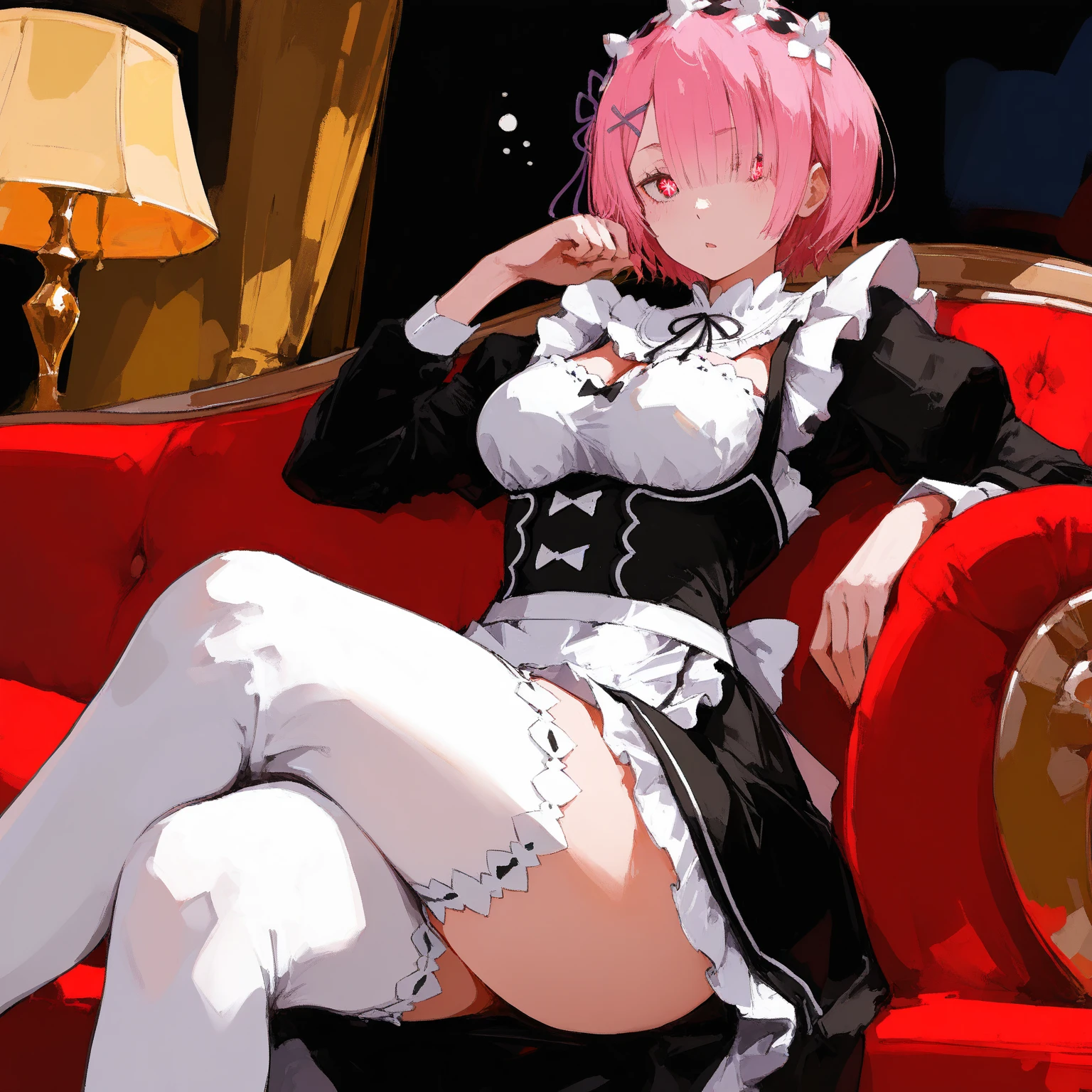 score_9, score_8_up, score_7_up,  (masterpiece, best quality, very aesthetic, ultra detailed, source anime, anime, intricate details), 1girl, solo, rem from Rezero, maid outfit, off_shoulder, white thighhighs, sitting, crossed legs, from below