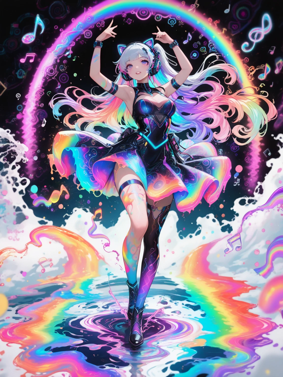 (masterpiece), (best quality), (official art, extremely detailed CG unity 8k wallpaper), (highly detailed), ((absurdres)), 1girl, mid shot, (exquisite facial features),(serafuku:1.3) ((sfw)),((clear hands)), ((white thighhighs without shoes)),aqua eyes, color contact lenses, stars in the eyes, (((colorful bubble))), colourful glass, (album cover)