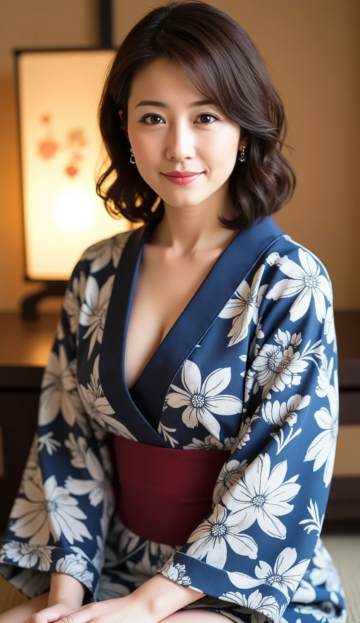 Attractive Mature Woman, ( detailed description of the hair), ( detailed description of the face), ( body that reached its climax ), High Definition , Masterpiece, Top Quality,( She&#39;s a model、sit in a Japanese-style room at a ryokan and look at me with a smile:1.5)、(( Japanese-style room at a luxury ryokan 、A beautiful vertical lantern:1.3) (Head to Knee Composition:1.6)、beautiful legs、(gentle smile:1.3),Highly detailed, formal: 1.4),, (realistic:1.2, ultra realistic:1.1, realistic:1.37), ( sharp concentration:1.4), depth of field, physical based rendering, (big J-cup big breasts and cleavage:1.9), sadistic get, (dark curly short hair:1.8), Unrivaled Beauty, ultimate beauty), ((hot spring bathrobe with a navy blue manekan pattern on a white background、thick dark red waistband :1.7)), (50 years old), Japanese,, 、Fine laugh lines  :1.2,、（piercings:1.3)