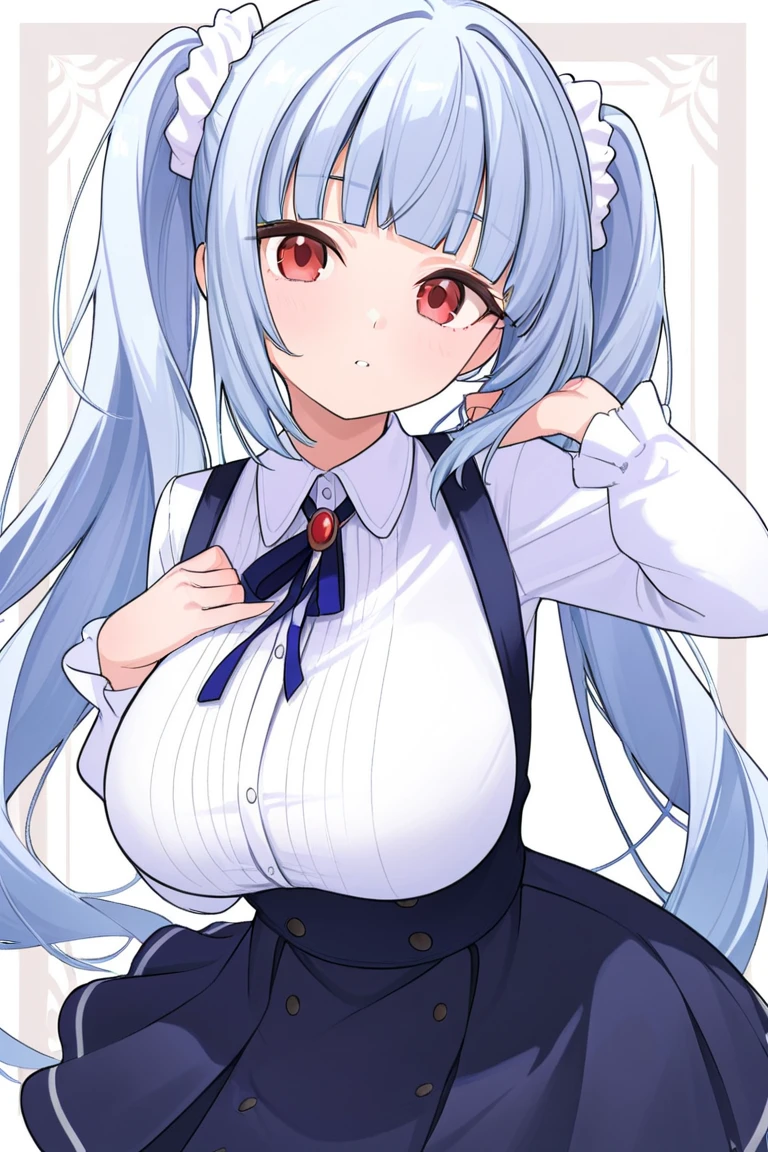 <lora:hestia_xl:1>,1girl,breasts,hestia_clothes,long hair,solo,twintails,blue eyes,black hair,cleavage,smile,looking at viewer,bangs,white background,very long hair,simple background,closed mouth,bow,sleeveless,blunt bangs,cleavage cutout,shiny,dated,cowboy shot,bowtie,
