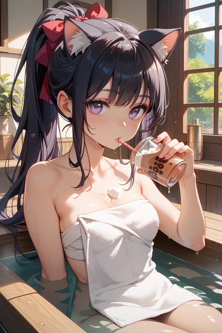 1girl, solo, hair ornament, (naked:1.3), (white apron), large breasts, cleavage, thighs, cafe background, (blushing:1.3), naga, brown hair, ponytail, golden eyes, dark skin, gal, naga, lewd, smirk