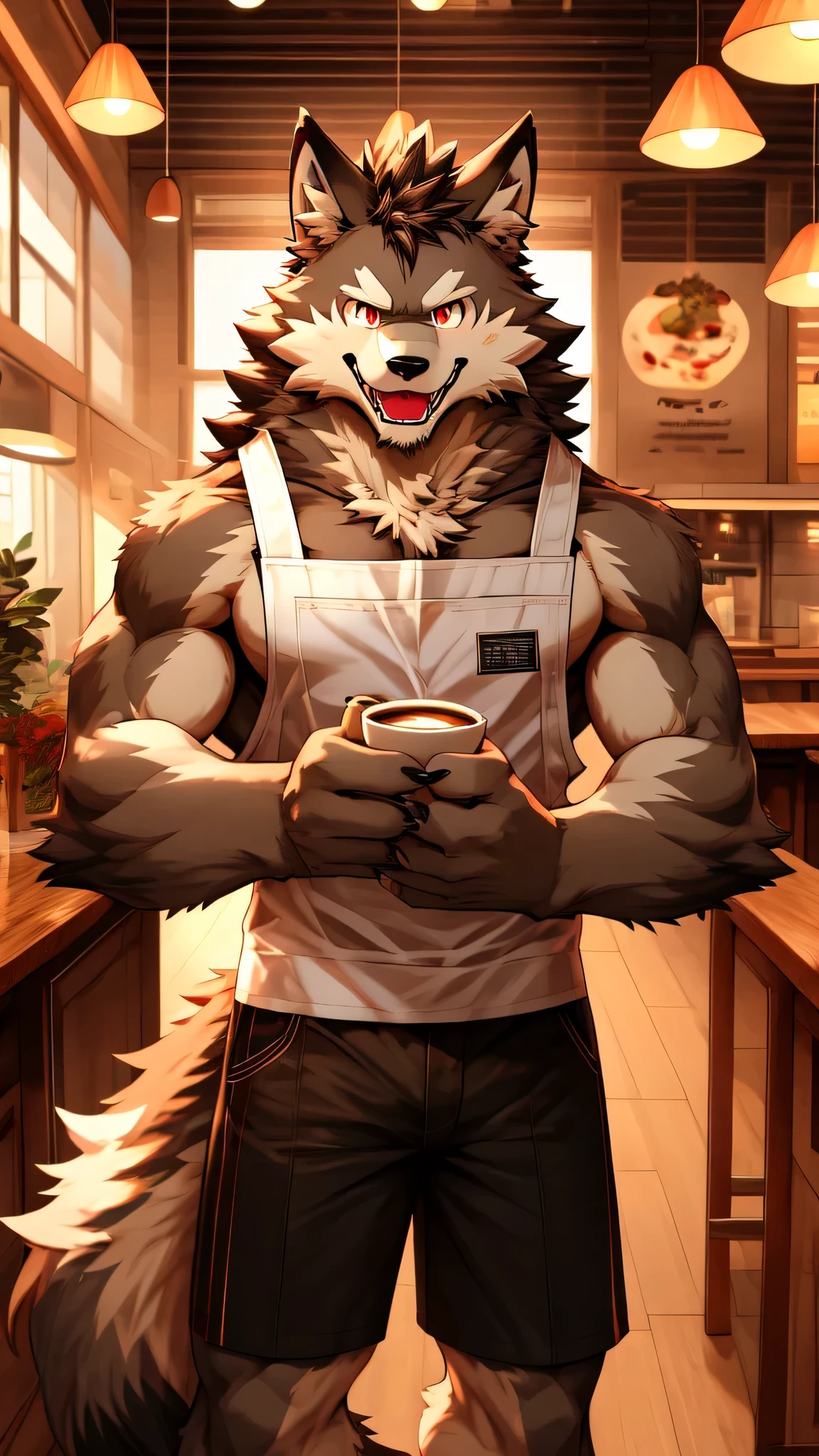 furry, anthro, chow chow dog:1.5, solo, average male, naked, standing in a kitchen holding a coffee mug looking slyly at the viewer:1.3, super detailed, detailed face, best art, 8k, vibrant, by taran fiddler:1.8, by RedRusker:1.8, art stile, 3D, halfbody,