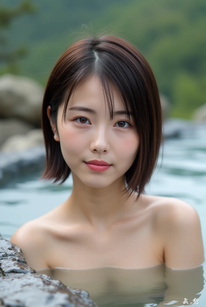 (8k、RAW Photos、Highest quality、masterpiece:1.2)、((naked、night、moonlight、smile:1.3))、((Very flat chest、Are thin、Nipples、pubic hair:1.2))、(Realistic、Realistic)、1 girl、((Short Hair、hot spring、Open-air bath、relaxing after a hot bath、bamboo forest、Look at me and smile))、cute