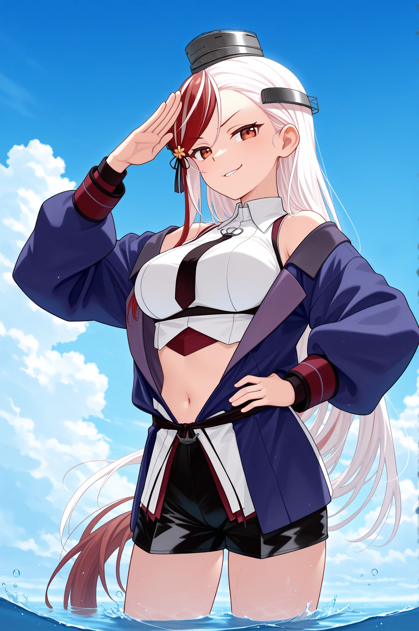 realistic, 1girl, ponytail, parted lips, blush, makeup, light smile, white hair, sportswear, skirt, wet clothes, glow, thighs, purple eye, bare shoulders, collarbone, narrow waist, sunbeam, sunlight, rose, wind, cleavage, (masterpiece), sweat, (best quality:1.2),solo,1girl,mdrin,smile,looking at viewer,crossed arms,ponytail,v-shaped eyebrows,white jacket,red shirt,fingerless gloves,black skirt,choker