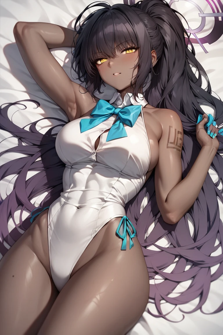 A girl is sunbathing, beach, reclining on a lounge chair, under the warm afternoon sun, 1 girl, (dramatic angle:1.5), (bright pupils), light_smile, solo_focus, looking at viewer, light_up, (open_clothes), shine, cinematic_lighting, karin kakudate, very_dark_skin, halo, tattoo, long_hair, black_hair, yellow_eyes, very long hair,ponytail, playboy bunny, rabbit ears, black leotard, detached collar, aqua bow, fishnet pantyhose, wrist cuffs, white gloves, (glowing:1.5),DB_type2,vivid, sharp,(intricate:1.2), (masterpiece:1.2), (best quality:1.2), (absurdres:1.2), (detailed background),,fantasy, alien_planet, OL_type1,(black, silver:1.5),