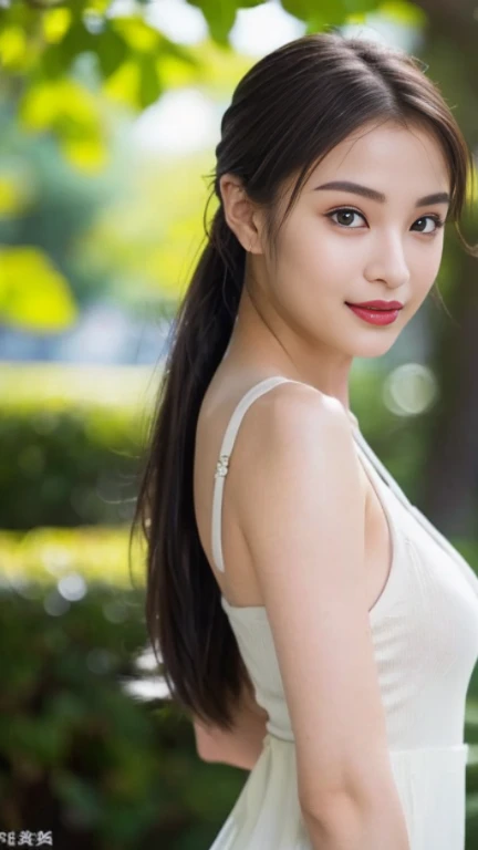 ((Highest quality, 8k, masterpiece: 1.3)), sharp: 1.2, Perfect Body Beauty: 1.6, ((Layered Hairstyles, Big Breasts: 1.0)), ((forest)), Perfect Eyes, (((ponytail))), Raised hair, ((White off-the-shoulder dress)), ((necklace)), Earrings, ring, Bracelet, Hair Accessories, ((Beautiful young woman in her 20s)), ((Straight nose)), (Eyeliner), Armpit Hair, Bristles, ((Beautiful Skin)), Feminine curvaceous figure, ((Sitting with legs together)), Wavy Hair, Beautiful attention to detail, Super detailed, Highly detailed face and skin texture, fine grain, double eyelid, Black Hair, Big Ass, Lower Body, Thighs, (((Skinny))), Wet and shiny lips, smile, Blushing, Get a grip on your body, ((Anatomically correct human body)), ((Crisp body shape)), Ribs, clavicle, Protruding skeleton, A face without nasolabial folds