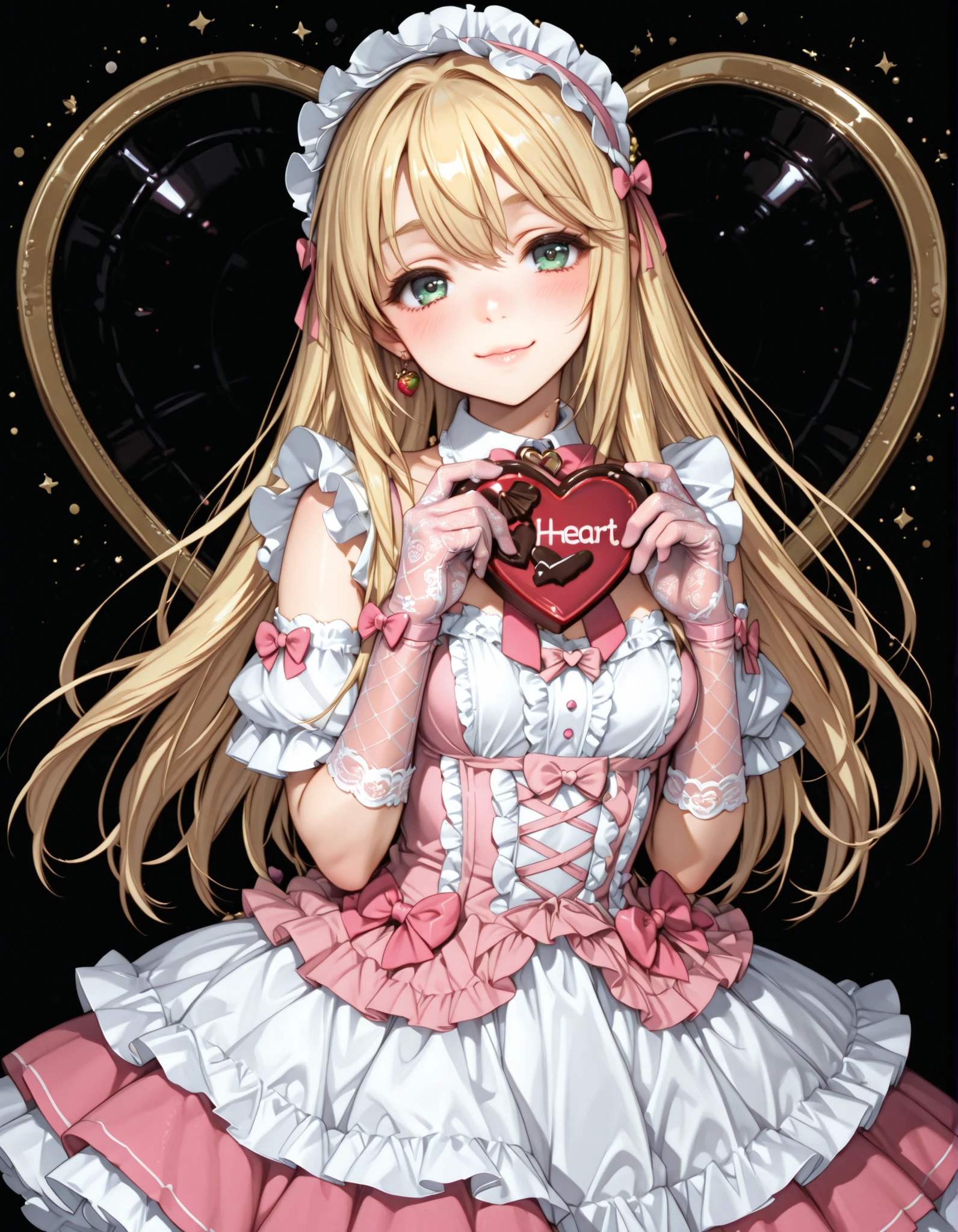 cute maid,mini maid dress that looks like strawberry milk, ash gold hair, Big pink bow tie,pink long lace lolita gloves,I'm looking at this,tilt your neck slightly and smile，(((hold out heart-shaped chocolate to show off to viewers)))