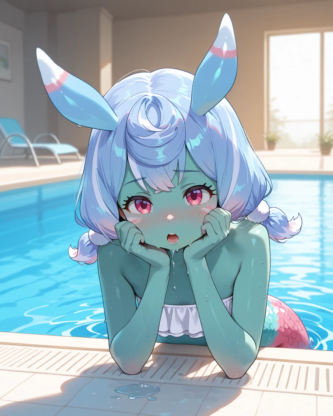 alone, score_9,score_8_up,score_7_up, anthro female sylveon, black sclera, white eyes, pink bikini, swimming pool, laying on water, wet.
