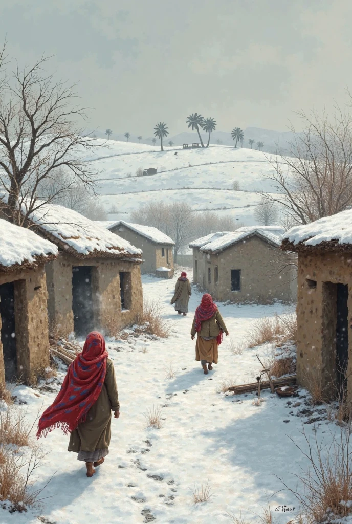Describe a small village nestled at the foot of a mountain, where a poor widow named Esther lives with her three children: Emma, Arab, and Joy. Despite her hard work, the family struggles to make ends meet, especially during the cold winter nights.”
