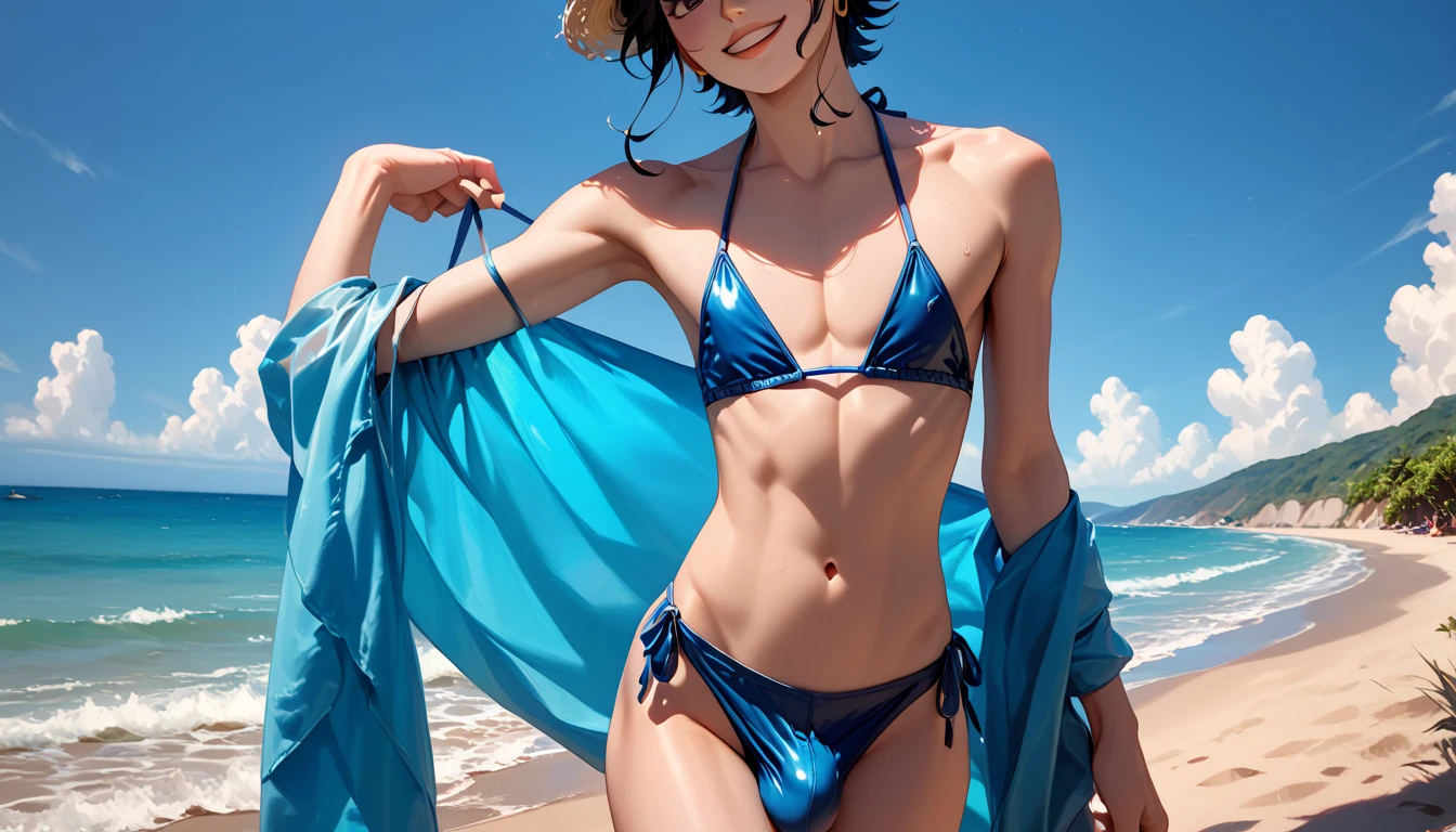 Masterpiece, Best quality, Realistic, 1girll, (PureErosFace_V1:0.7), hair adornments,(Small breasts), Sea, Sand, Flowers, Sunshine, Colorful, Smile,(Bikini),Miniskirt, bikini skirt,beach,Thin waist,Narrow waist,Ribbons,buttom view,Dynamic pose,paw pose,From below,