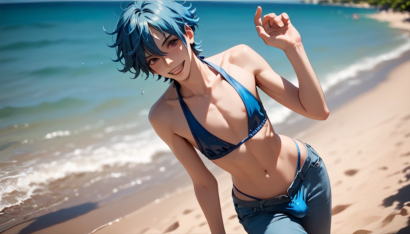 Blue-haired、Blue color hair。blue hairs。swimming trunks、a smirk、Joyful smile。Young men。(((male people)))。male in his 20s。Sunset beach。