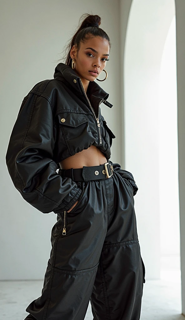 a woman in a white blouse and black cargo pants, leather pants, matte black pants, black pants, baggy pants, cargo pants. cidade cyberpunk, wearing cargo pants, cargo pants, roupas finas de couro preto, black trousers, leather pants with belt, large pants, com dois bolsos frontais, baggy black pants, black soggy pants, couro