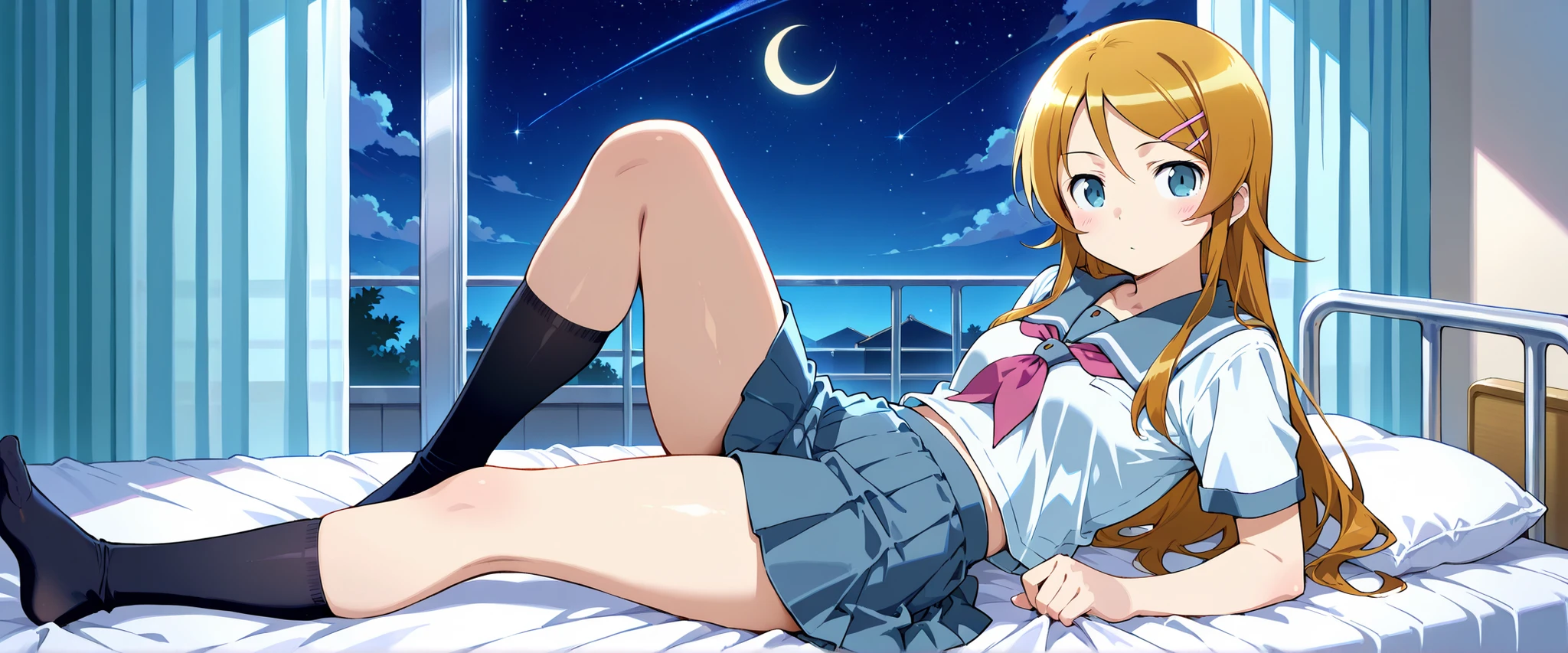 1girl,kousaka kirino, serafuku, blue pleated skirt,short sleeves, red neckerchief,black socks,expressionless,thick thighs,knee up,crescent moon, stars (sky),looking at viewer,Infirmary,bed on a futon