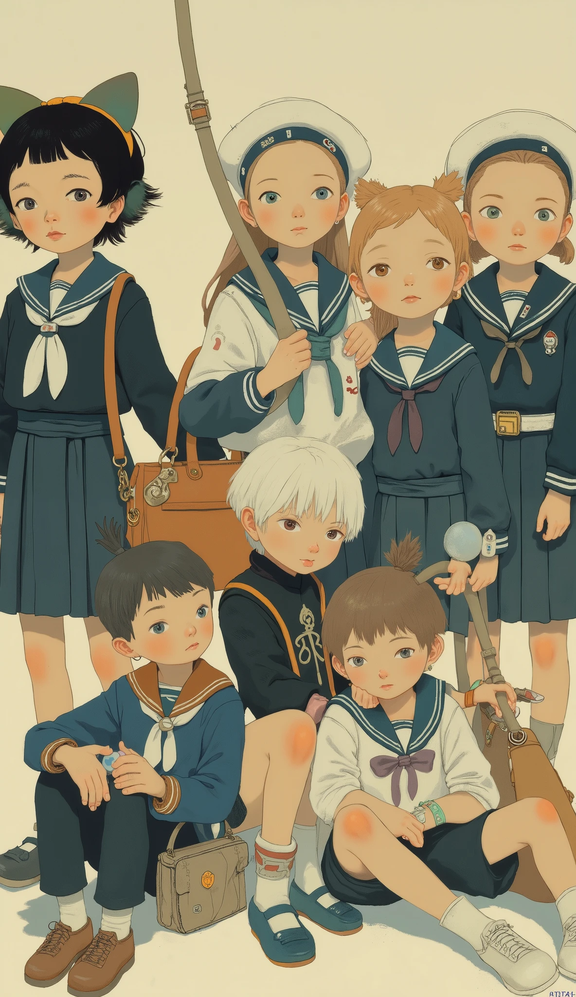 Close up of purses and dolls holding purses, sailor suit, sailor suit, loose coat collar sailor suit, female sailor suits, Sakimichan Frank Franzzeta, Research of , wear dark marine-style clothes, inspired by Watanabe Sadao , Art Doll, Hiro Yamagata, lolita fashion, Alice Prine , Lolita Style