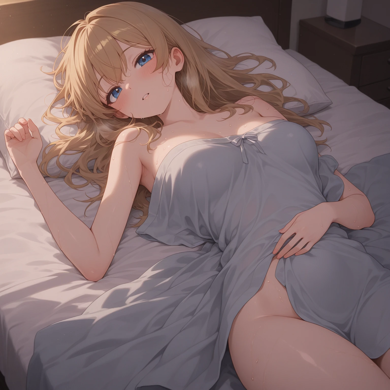 （Light bronze camisole dress）、Her skirt is rolled up, exposing her white panties、The crotch is covered in love juice、
