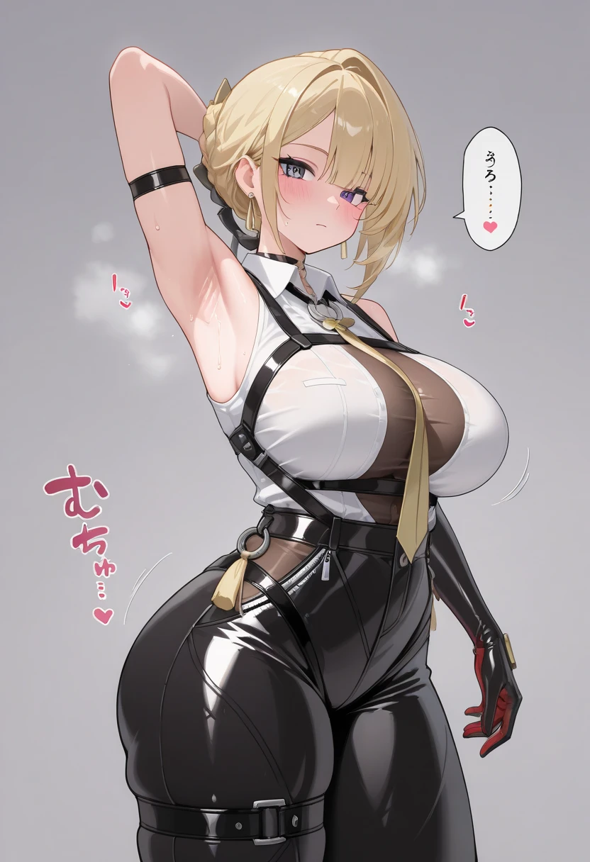 1 Girl,Blonde Hair,Medium Bob,Big Breasts,Firm breasts,Fleshy body,Heart speech bubble,(He has a black mask over his mouth),Patent leather bikini,High heels,(Squat),(Hands folded above head),Dim lighting,Bondage Harness,Sexy