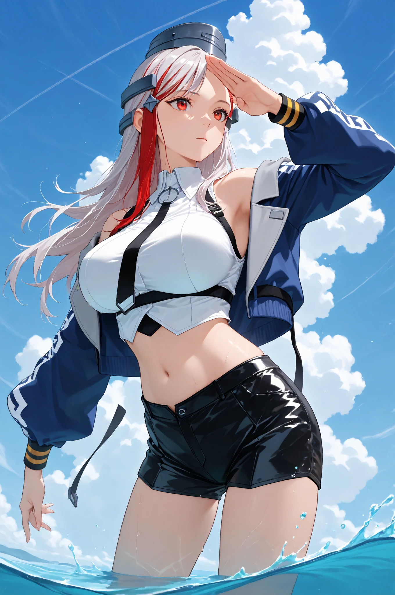 1girl, white hair, red eyes, navel, looking at viewer, hand on hip, black jacket, dolphin shorts, groin, (white shirt:1.2), braid, very long hair, wide hips, 
underboob, shirt, 
big\(BodyProportions\),