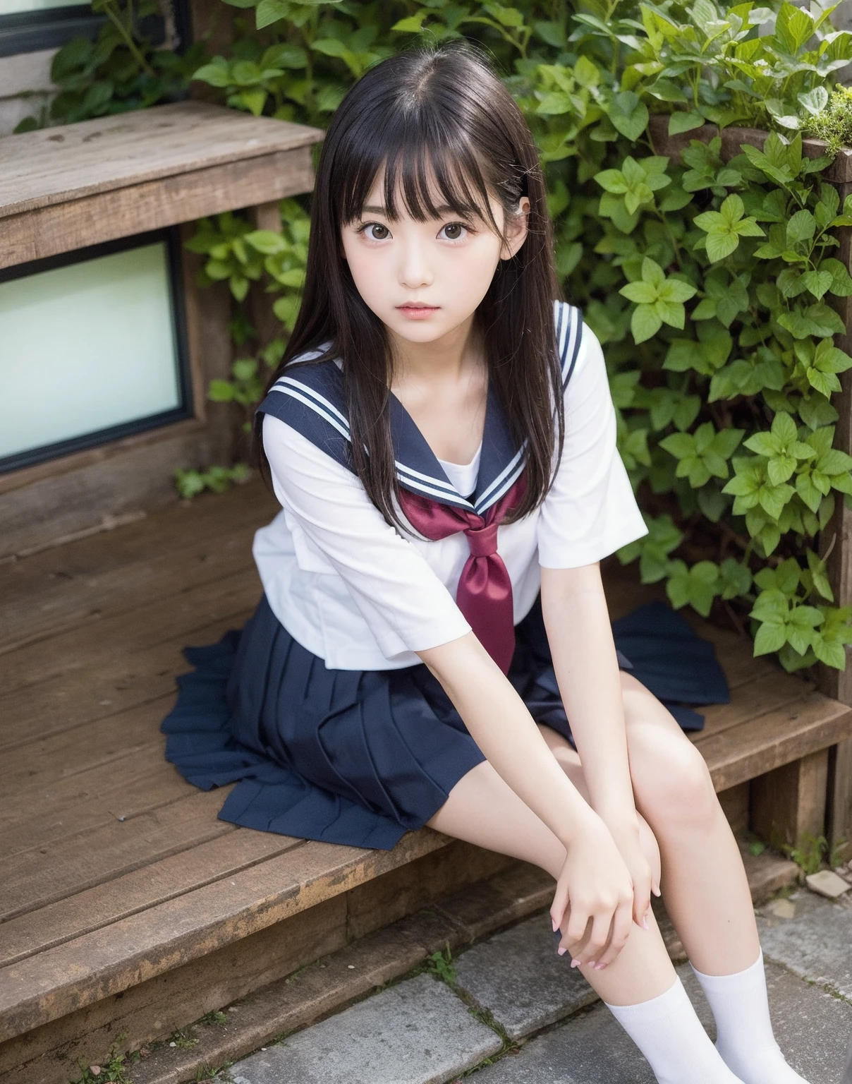 Photo quality,Masterpiece,Realistic,(14 year old cute Japanese girl:1.9),(Detailed young face:1.9),(Very embarrassed look:1.9),(Angle from below,Thin legs:1.9),(Wearing black Gothic Lolita fashion:1.9)(Adult video package shoot:1.9),(Posing to seduce men in the park,Inner thigh visible:1.9),((Droopy eyes:1.9)),((Body type of a 14 year old girl,Small Tits:1.9)),(Cute school girl hairstyle:1.9),((Skinny Legs)),Very pale skin,Show your forehead,Detailed body,Detailed hands,No makeup