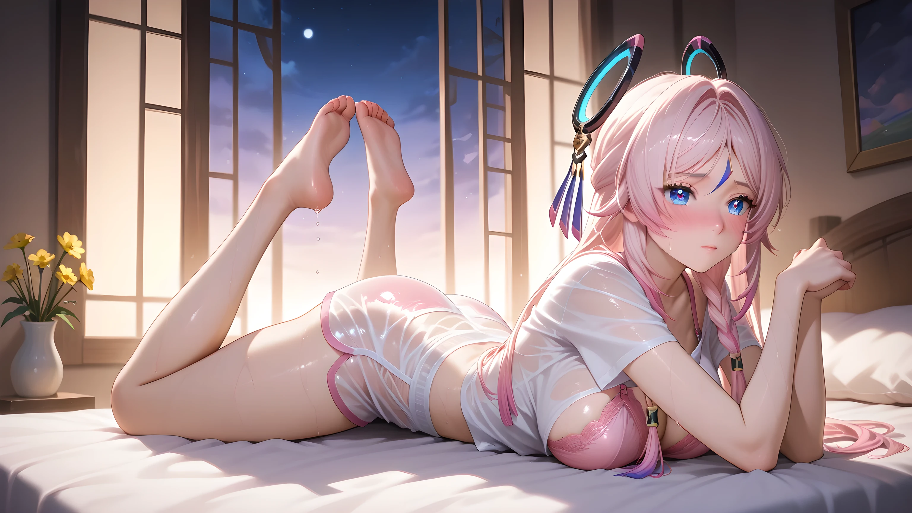 EBCitlali,1girl, big breasts,beautiful anime girl, wet transparent white t-shirt and wet transparent shorts, pink lace lingerie visible underneath, pink long hair with white ombre tips, braided side strands, golden flower hair ties, seductive stretching pose, blushing expression, glossy skin with water droplets, soft warm lighting, in a cozy bedroom at night, moonlight coming through the window, soft shadows, anime semi-realistic style, full body, high-resolution illustration, highly detailed background
