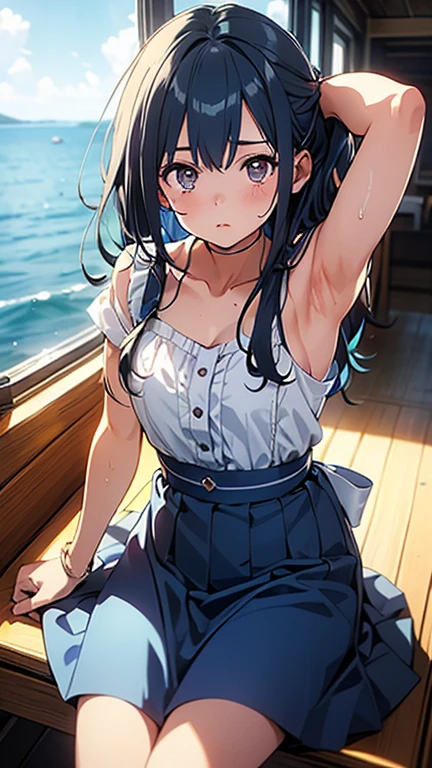 A white shirt with all the buttons fastened、Her braless breasts are faintly visible through her buttoned-up white shirt、Blue flared skirt、She lifts her skirt with both hands to reveal her cute white lace underwear.、A girl with long, shiny black hair and glasses、barefoot、whole body、Sandy beach and blue sky