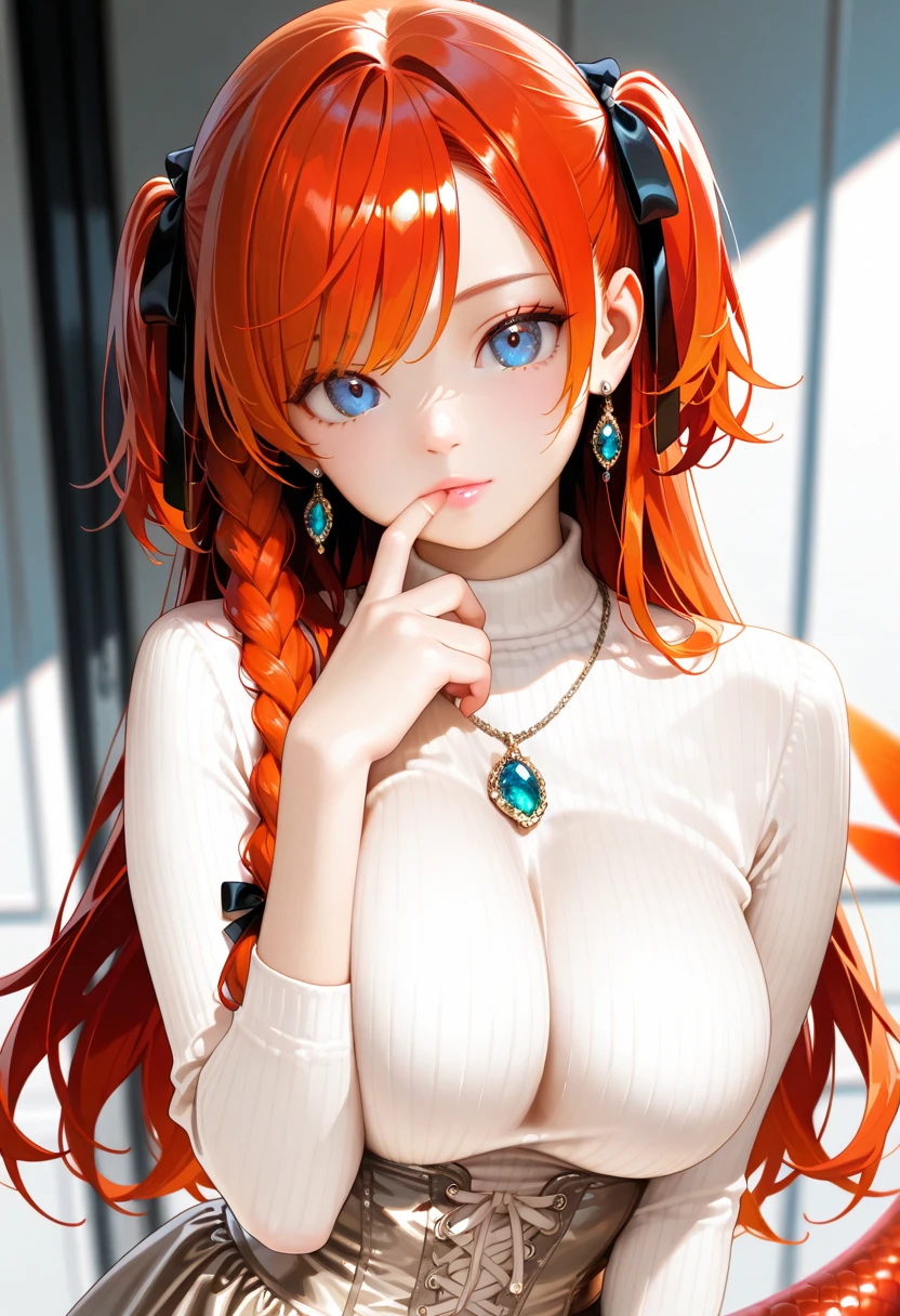 (masterpiece), best quality, expressive eyes, perfect face, looking at viewer, 1girl, solo, upper body, (medium close-up), brown eyes, orange hair, long hair, mouth shut, forest, fall, lake, sky, orihimedef, hair ornament, center opening, detached sleeves
