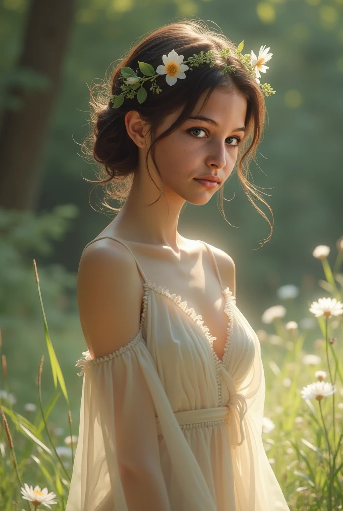 (detailed face, detailed eyes, clear skin, clear eyes), fantasy, young female 16 years old, piercing blue eyes, ((large full breasts)), heavy cleavage, she wears a white sun dress low cut, long braided blond hair with ribbons. ((She is kneeling in tall grass surrounded by wild flowers)) upper body, she is smiling and happy, portrait, photography, detailed skin, realistic, photo-realistic, 8k, highly detailed, full length frame ultra high res. photo realistic: 1.4, UDH,, High detail RAW color art, piercing, diffused soft lighting, shallow depth of field, sharp focus, hyperrealism, cinematic lighting, (sunset light). (mist covered ground),