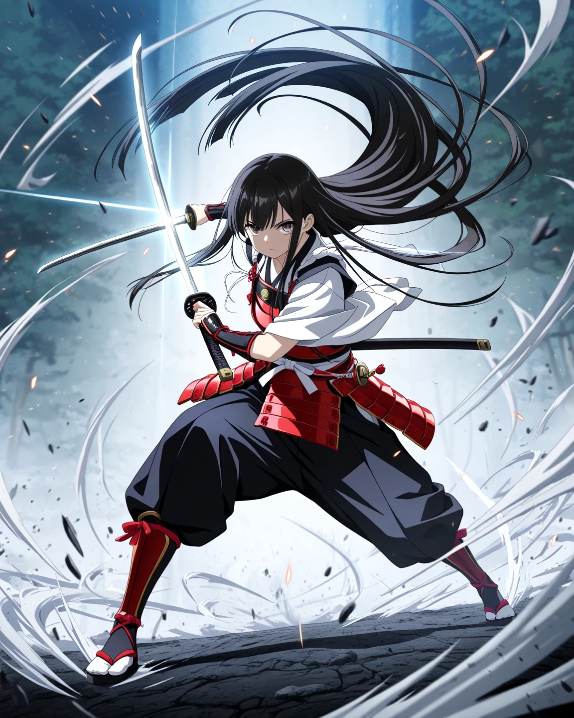 a samurai girl, ponytail, hakama, fighting stance, katana, cursed sword, stormy weather, flames, serious expression