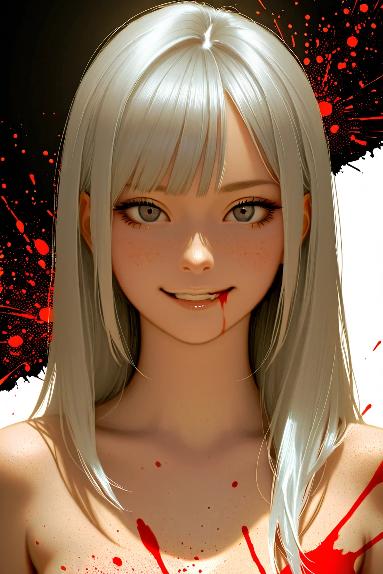 in anime style a very pale blonde haired woman, stained with blood and smiling