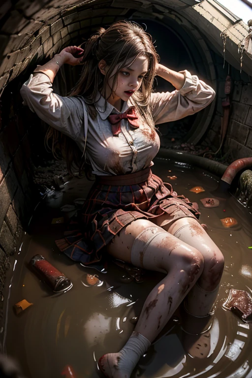 (Master Masterpiece), (Raw photography、highest quallity), ultra-highres, Professional artwork, Ultra Verbose, intricate, details face, Perfect lighting, (1 girl、Solo:1.2)、athena97、 Red shoes、(white sock:1.3)、Red pantyhose、 Purple eyes、Purple hair、Long hair、red hairband、White turtleneck、White puffy sleeves、Red pleated skirt、Yellow belt、Lamb spherical necklace、Red fingerless gloves、Red Open Vest、 Star Hair Ornament、ear ring、Medium Bullet、Half-sleeved、full full body、(perfect hand:1.5)、(perfect_Anatomy:1.2)、Octane Render、(Crying、weak and tired eyes、Tears:1.2),(Bruises and blood stains on the face and body、blood flowing from head and face、injuries on body、damage、Wounds and cuts、bleeding lips:1.3),(Torn clothing、Tattered clothes:1.5)、Blood stains on clothes、(Fighting Pose:1.2)、 (Inside an abandoned factory)、tousled hair、Tired and weak face、(Perfect Body、flawless、perfect thighs)、Wet body、Sweaty body、((Muddy feet、Muddy skin、bloody skin:1.3))、(Film lighting)、Soft lighting、Complex and cinematic appearance、Cinema tick writing、Dynamic Angles