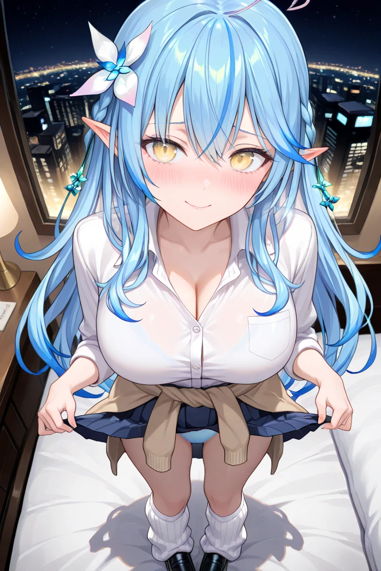 (Masterpiece, highest quality),1 elven girl, solo, breasts, looking at viewer, blush, very long hair, bangs, light blue hair, hair style is twin tails,hair ornament is flower, shirt, long sleeves, large breasts, sitting, closed mouth, blue eyes, collarbone, white shirt, open clothes, collared shirt, indoors, open shirt, dress shirt, elf, bare lower half of the body ,on bed, partially unbuttoned ,no bottoms