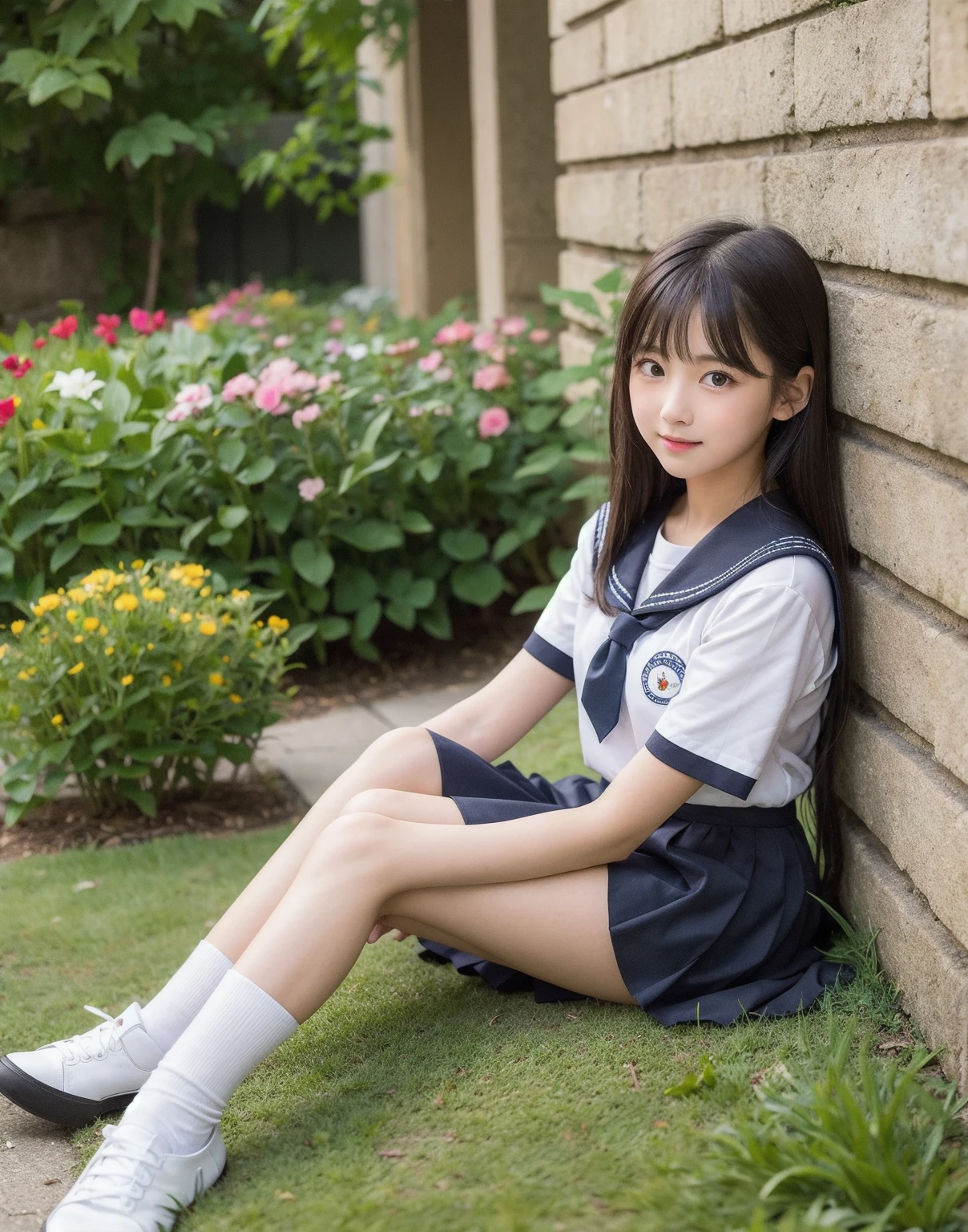 master piece, Best Quality,(12 years old Japan girl:1.5),(Looks like you're about to cry:1.3) ,(M-shaped legs spread on a park bench:1.8),(Summer clothes and hairpins for junior high school girls:1.8),Brown eyes,(Small:1.7),(long straight hair down to the knees:1.5),(Slender body,Skinny Legs),A detailed eye,Very white skin,Letting down your bangs,Detailed body,Detailed hand,No makeup, full body Esbian, Smile,smile showing white teeth