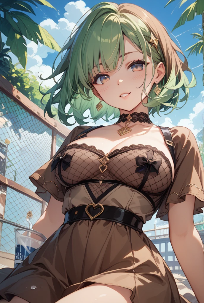 ((short hair, green hair, choker)), beautiful, beautiful woman, perfect body, perfect breasts, (Wearing a mourning dress with delicate embroidery:1.6), ball gown, wood々In the garden of, wedding decorations, looking at the audience, slight smile, realism, masterpiece, rough skin , Super detailed, high detail, high quality, 最high quality, 1080p, 16k