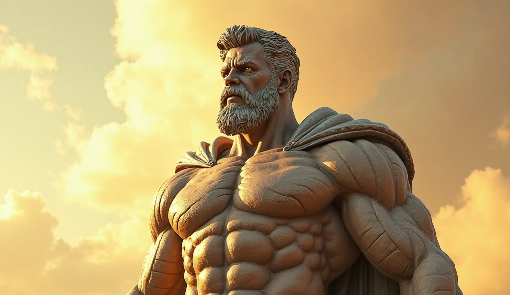 Stoic statue, with an expression of anger, usando manto e tunica longo sobre todo o corpo, Noite escura, ao ceu aberto, 35 mm, lateralmente, Filmado em Sony A7S III com Sony FE 35mm f/1.8, 12.1 MP, --AR 3:2 --estilo cru