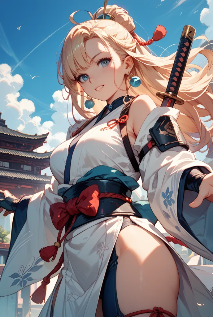 Wearing a bikini、Wearing a hat and a sword,Wearing headphones, (masterpiece, best quality) detailed,silver accessories , Blonde ,elegant, Pointed ears ，Chinese element pattern，Wear a white shirt,Navel exposed,